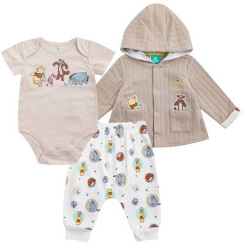 Disney Winnie the Pooh Baby Boys Pants Set with Bodysuit and Hooded Snap Quilted Jacket 3 Pack Set for Infant