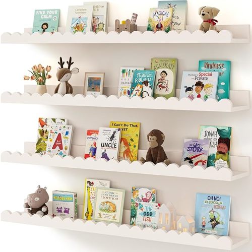 Shario Nursery Book Shelves, 4-Pack Wood Floating Shelves for Wall Kids, Scalloped Shelves, Wall Book Shelves for Bedroom Kids, Toddler Room, Baby Room, Nursery Decor (White, 31.5 Inches)