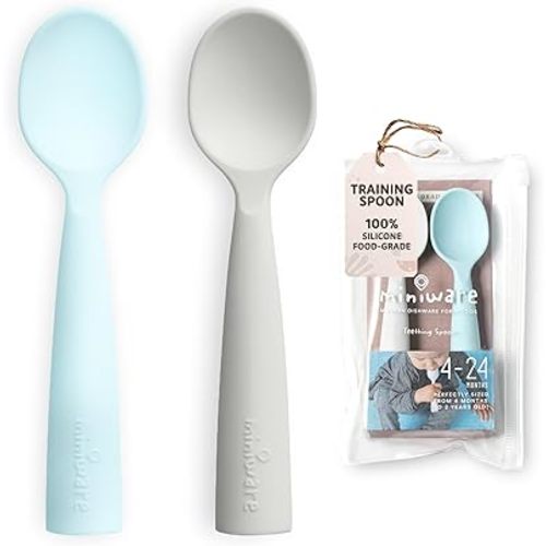 Miniware Silicone Baby Spoon for Training - BPA Free Baby Utensils - Baby Spoons Self Feeding 6 Months | 100% Food Grade Silicone - Modern & Dishwasher Safe Toddler Spoons (Grey and Aqua)