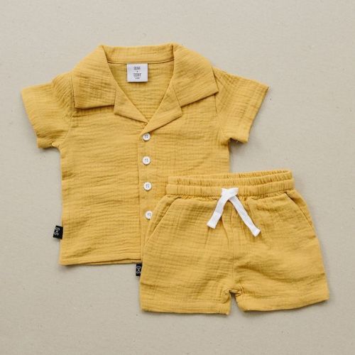 Kids Clay Camp Shirt Linen Short Set Yellow 6-12M - Olive + Scout