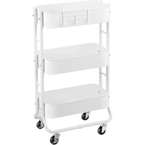 MAX Houser Slim 3-Tier Rolling Utility Cart, Narrow Metal Bathroom Storage Multifunctional Organizer Carts with Wheels with Extra Hook, Laundry Room,Kitchen,Small Space(White)