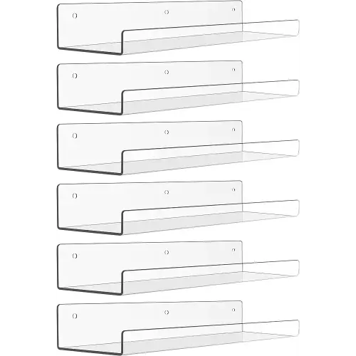 upsimples 6 Pack Acrylic Shelves for Wall Storage, 15" Floating Bookshelves for Kids, Display Shelf Organizer for Bathroom, Bedroom, Living Room, Kitchen, Room Decor, Clear