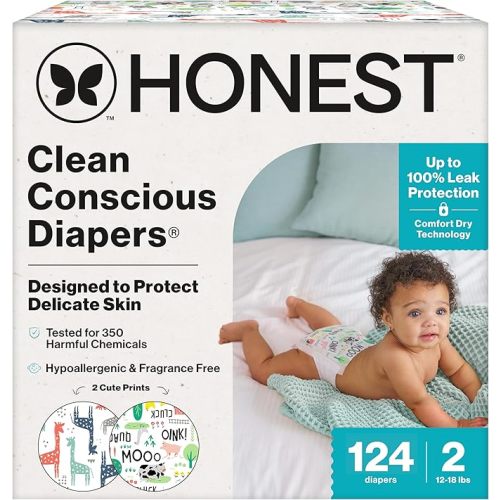 The Honest Company Clean Conscious Diapers for Sensitive Skin | Up to 100% Leakproof | Hypoallergenic, Fragrance Free | Gender Neutral | Super Club Box, Size 2 (12-18 lbs), 124 Count (Prints May Vary)