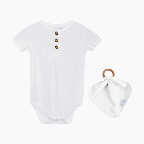 Snuggle Shield LUXE Bamboo 3 Button Bodysuit and Lovey Teether Set - White, 0-3 M
