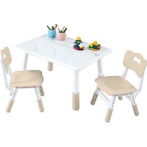 Toddler Table and Chair Set for Ages 3-8, Adjustable Kids Table and Chairs for Reading,Drawing, Eating, Children Activity Table with Graffiti Tabletop for Daycare/Classroom/Home/Preschool