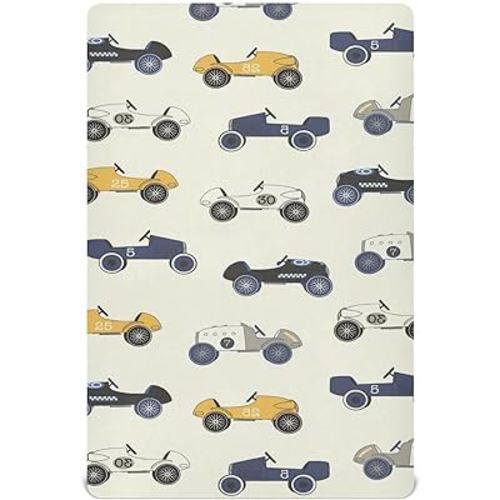 Vintage Race Cars Soft and Breathable Crib Sheets and Playard Sheet for Baby Boys and Girls, Fitted Toddler Standard Bed Mattress, Machine Washable 52 x 28 Inches