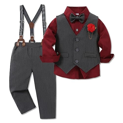 WESIDOM Toddler Boy Clothes Suit Formal Dress Shirt+Bowtie+Vest+Boutonniere+Suspender Pants Boys Gentleman Outfits Set