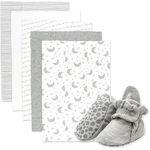 Zutano Newborn Unisex Gift Set | 5 Pack Organic Burp Cloths and Oragnic Baby Booties, Bundle, Heather Gray & Moons, 6M