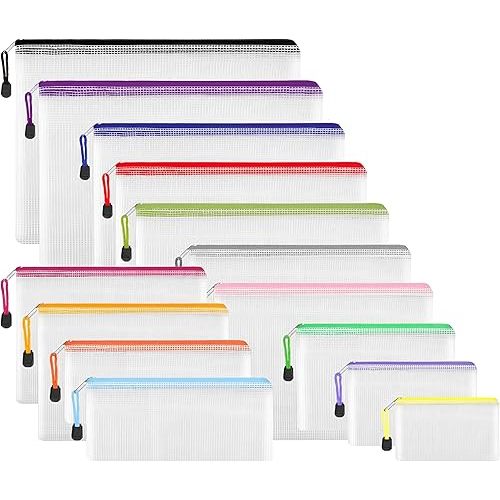 EOOUT 14pcs Zip Pouch Organizers, Mesh Bags with Zipper, 8 Sizes 14 Colors, Waterproof, for Travel, School, Office & Home