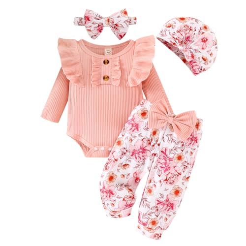 GDTOGRT Baby Girl Clothes Infant Newborn Outfits Romper Pants Cute Bow Headband Hat Sets for Baby Girls (0-3-6-12-18 Months)
