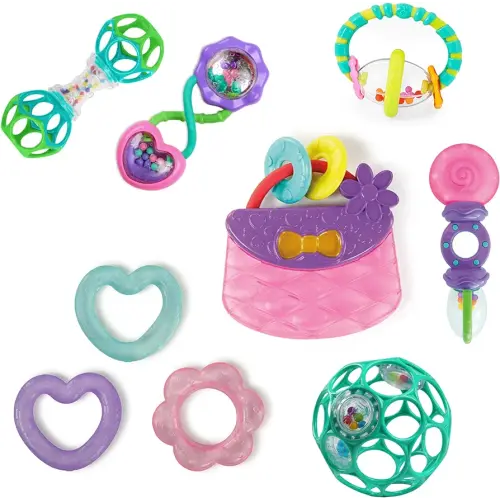 Bright Starts Everything Nice Teething Toys 9-Piece Set - BPA-Free Rattles and Chillable Teethers, Purple and Pink Baby Toys, 3 Months+