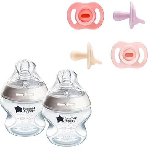 Tommee Tippee Ultra-Light StayPut Pacifier, 0-6m, 4 Pack, Pink & Natural Start Anti-Colic 5 oz BPA Free Newborn Baby Bottles, Designed for Seamless Transition Between Bottle and Breast, Pack of 2