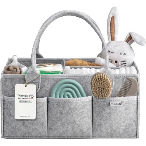 PUTSKA Nursery Storage Basket - Baby Diaper Caddy Organizer for Diaper Station, Newborn Essentials, Baby Shower Gifts and Registry Must-Haves for Boy or Girl