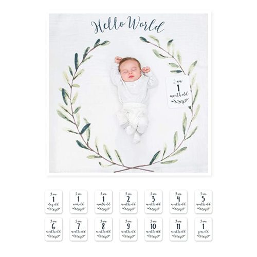 lulujo Baby’s First Year Milestone Blanket and Card Set | 47in x 47in| Hello World!