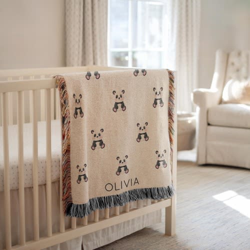 Personalized Panda Baby Blanket, Custom Name Woodland Animal Print Throw, Cozy Forest Nursery Bedding, Cute Bear Baby Shower Gift