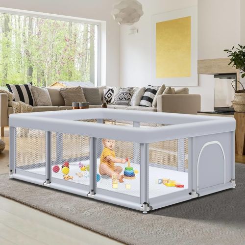 74" ×50" Large Baby Playpen, Baby Playard for Babies and Toddlers, Baby Fence Play Pens for Indoor & Outdoor, Sturdy Safety Play Yard with Soft Breathable Mesh, Anti-Fall, Grey
