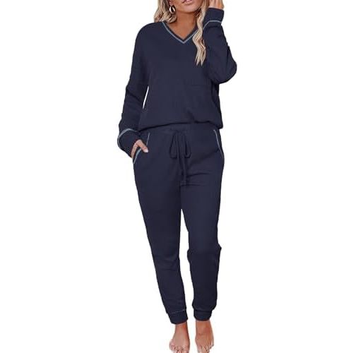 Womens Pajama Sets Waffle Knit 2 Piece Lounge Sets Sleepwear Loungewear Pjs Sets Long Sleeve V Neck Top and Pant Fall