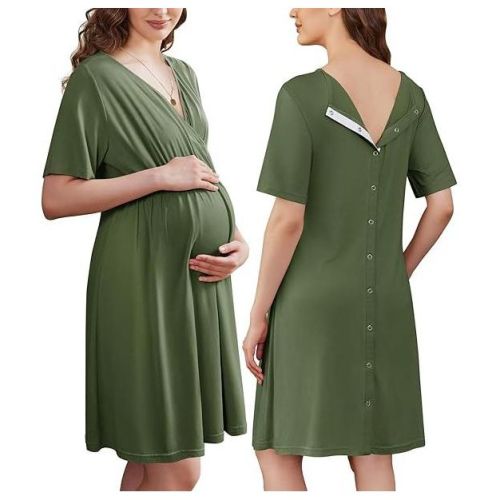Ekouaer Labor and Delivery Gown for Hospital Short Sleeve Maternity Nursing Dress Nightgown with Button Army Green S