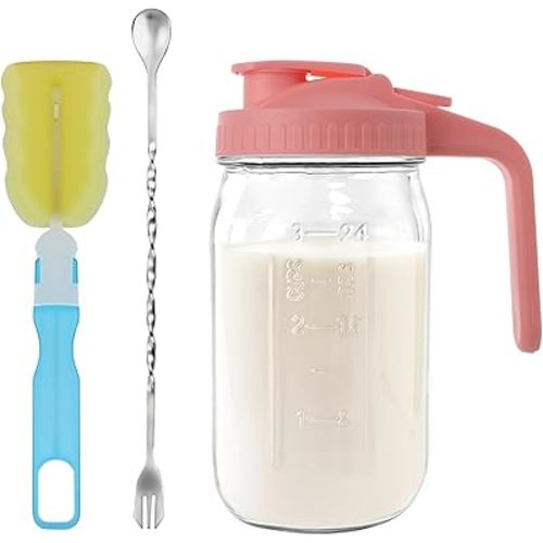 64oz Glass Pitcher with Lid &Pour Spout - 2 Quart Breastmilk Pitcher Double Leak Proof, Creamer Container for Sun Tea, Juice, Cold Brew Coffee, Breastmilk Storage Container -Pink Lid