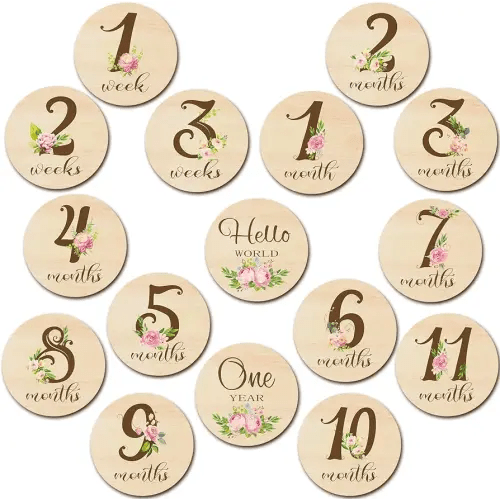 16 Pieces Wooden Baby Monthly Milestone Cards Baby Monthly Milestone Marker Discs Double Sided Monthly Milestone Wooden Circles Baby Months Signs for Baby Shower Newborn Photo Props(Flower)