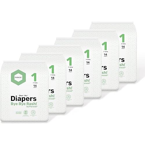PARASOL Clear+Dry Disposable Diapers | RashShield Protection, Leakproof Design, Hypoallergenic | Size 1, (7-14 lbs) 84 Count
