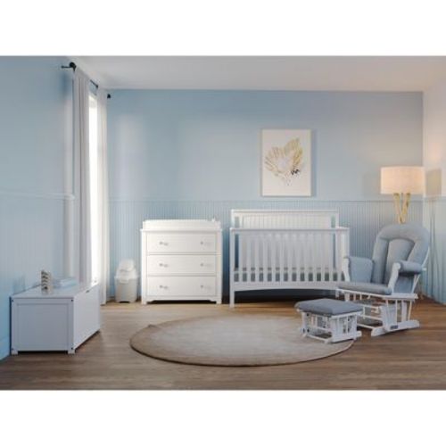 Child Craft Scout 4-piece Nursery Set With 4-in-1 Convertible Crib, Dresser With Changing Table Topper, Cozy Glider, And Toy Box (matte White)