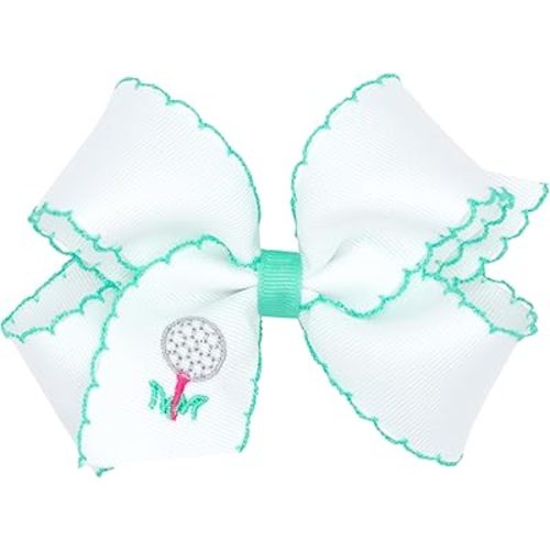 Wee Ones Girls' Grosgrain Country Club Embroidery Hair Bow with Moonstitch Edge on a WeeStay Hair Clip, Handmade, Medium, Golf Tee