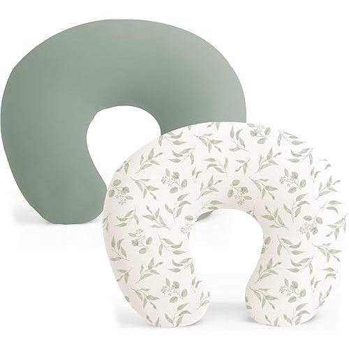 Konssy 2 Pack Nursing Pillow Covers, Stretchy and Soft Nursing Cover for Breastfeeding Pillows, Pillow Slipcover for Baby Girls Boys Newborn (Green, Green Leaves)