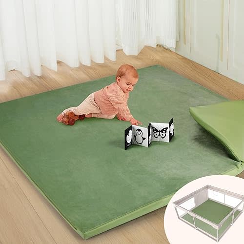 Baby Play Mat, Leather & Velvet Mat with Baby Book, Double-Sided/Reversible, 50x50 Playpen Mat, 1.3" Thick Non-Toxic Cushioned, Waterproof Soft Crawling for Infants and Toddlers, Green