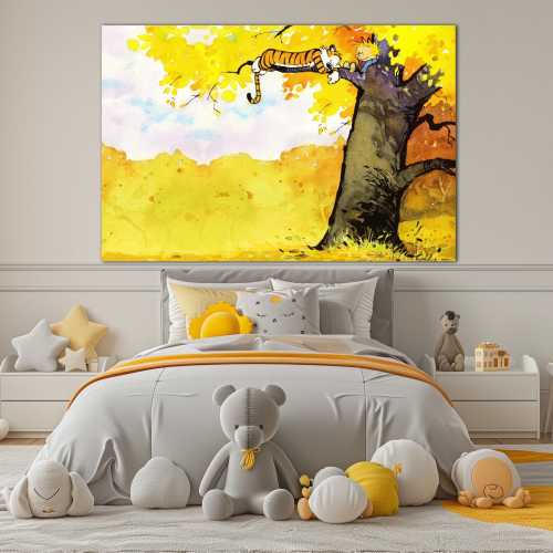 Boy and tiger cartoon canvas wall art print Whimsical decor Kids room art Colorful whimsical art Comics art prints Large wall art