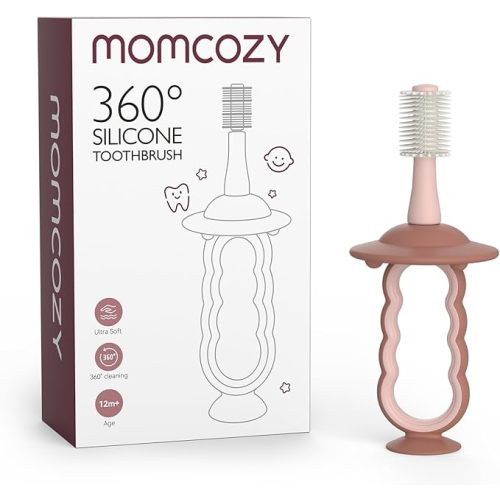 Momcozy Baby Toothbrush, 360° Tooth Brush for Infant, Ultrasoft Toddler Toothbrush with Suction Base, Baby Oral Cleaner, Infant Tongue Cleaner, Pink