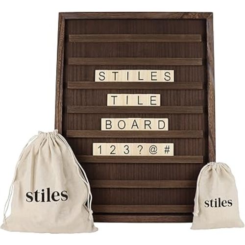 Stiles 23"x17" Tile Letter Board Sign Set, Wooden Message Board with 122 Letter Tiles and Numbers, Changeable Letterboard for Menu, Milestone, or Baby Announcement Sign, Walnut