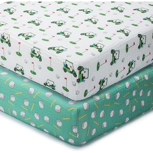 LollyBanks Muslin Crib Sheets 2 Pack, 100% Cotton Neutral Baby Crib Sheets for Standard 52"x28" Mattress, Soft Fitted Sheet for Boys and Girls, Baby Bedding Essentials (Golf Cart and Golf Balls)
