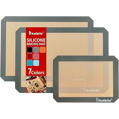 Silicone Baking Mat, Katbite Large Baking Mat Set of 3-2 Half Sheets Mats (11 5/8" x 16 1/2") + 1 Quarter Baking Sheets, Reusable & Nonstick Bakeware Mats for Cookies, Macarons, Bread and Pastry