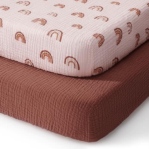 Blissful Diary Muslin Mini Crib Sheets, Pack and Play Mattress Sheets Fitted for Pack N Play, Soft Cotton for Boys Girls, 2 Pack(Rainbow&Cedar)