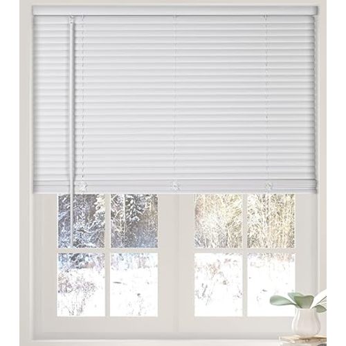 Calyx Interiors Cordless White 1” Light Filtering Mini Blinds 70.5” W x 60” H Window Blinds for Home, Vinyl Horizontal Blinds for Indoor Windows