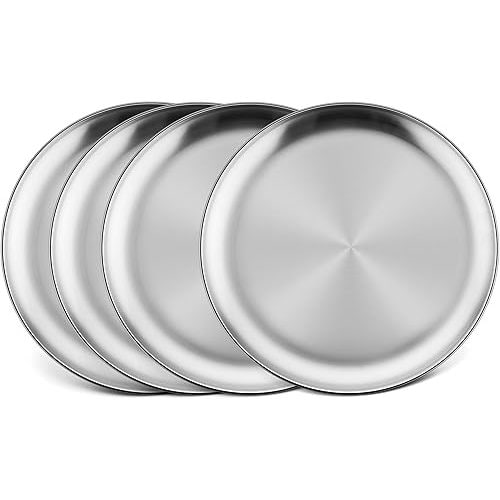 HaWare 18/8 Stainless Steel Plates, 4-Piece Metal 304 Dinner Dishes for Kids Children Toddlers, 9 Inch Feeding Serving Camping Plates, Reusable and Dishwasher Safe