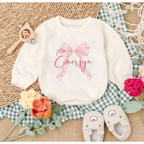 Custom Name Pink Coquette Bow Romper, Soft Girl Pastel Pink Bridal Outfit, Minimal Girly Preppy One Piece, Cute Light Pink Ribbon Romper