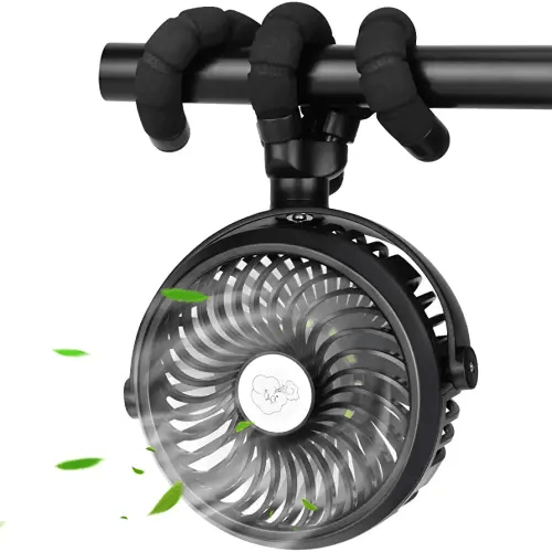 Stroller Fan - Mini Portable USB Personal Handheld Fan With 12 LED Lights for Camping, Travel, Battery Operated, Clip-On (Black)