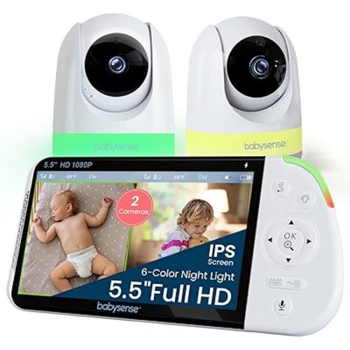 Baby Monitor - Babysense Full HD 5.5" Split Screen with 2 Cameras, 6-Color Night Light, White Noise, Sound & Light Machine, 20-Hour Battery, Hack-Proof Non-WiFi Secure Connection