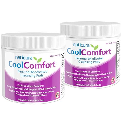 CoolComfort Personal Cleansing Pads with Organic Witch Hazel and Aloe Vera - All-Natural and Fast Acting Wipes for Hemorrhoid Burning, Itching, Pain and Swelling - 100 Pads - No Parabens - 2 Pack