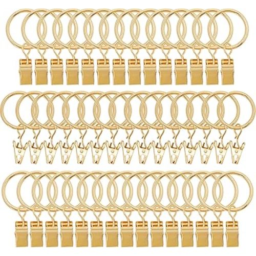 44 Pack Metal Curtain Rings with Clips,Decorative Drapery Rustproof Vintage 1 Inch Interior Diameter,Curtain Hangers Clips, Drapery Clips with Rings,Gold