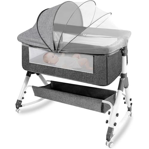 AOBOTE Baby Bassinet,Foldable Newborn Crib with Mosquito Net and Wanxiang Silent Wheel, Adjustable Height,Bassinet Bedside Sleeper (AB010011-1)
