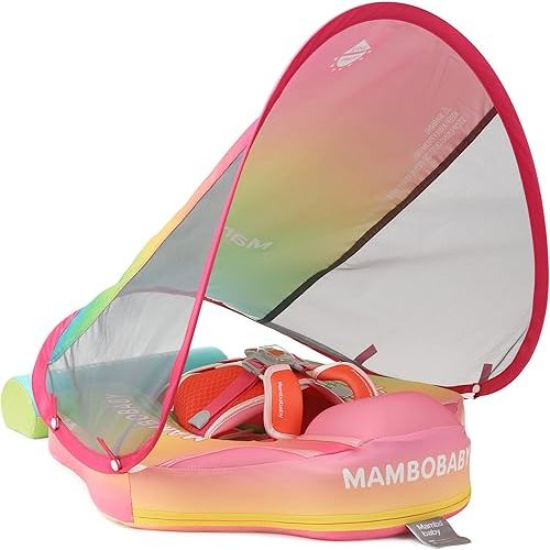 Mambobaby Float Add Tail Baby/Infant Swim Float with Canopy, Non-Inflatable Solid Upgrade Soft Waterproof Skin-Friendly Leather Material (Deluxe Edition Rainbow)