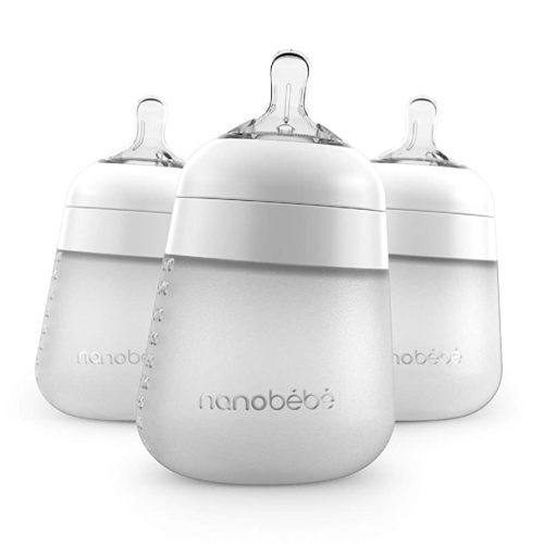 Nanobébé Flexy Silicone Baby Bottle, Anti-Colic, Natural Feel, Non-Collapsing Nipple, Non-Tip Stable Base, Easy to Clean, 3-Pack, White, 9oz