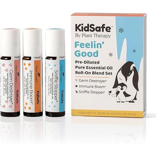 Plant Therapy KidSafe Feelin' Good Essential Oil Blend Set, Includes: Germ Destroyer, Immune Boom, Sniffle Stopper 100% Pure, Pre-Diluted Roll-Ons, Natural Aromatherapy 10 mL (1/3 oz)