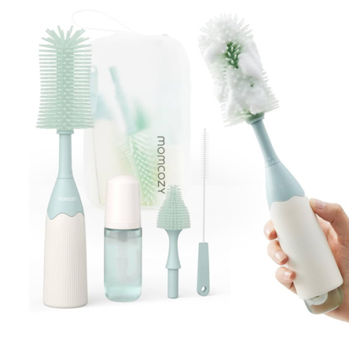 Momcozy Bottle Brush Kit, Innovative Push-Press Design for Better Cleaning - Baby Bottle Cleaner Brush for Baby Bottle, Breast Pumps, Nipples, and More - Can Generate Foam for Better Cleaning, Green