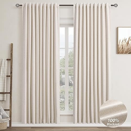 Birch Linen Blackout Curtains for Bedroom 80 Inch Length 2 Panels Set Back Tab Pocket Neutral Farmhouse Living Room Darkening Curtains Track System Thermal Insulated Black Out Drapes 52x80