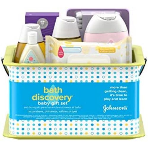 Johnson's Bath Discovery Gift Set for Parents-to-Be, Caddy with Baby Bath Time & Skin Care Essentials, Bath Kit Includes Baby Body Wash, Shampoo, Wipes, Lotion & Diaper Rash Cream, 7 Items