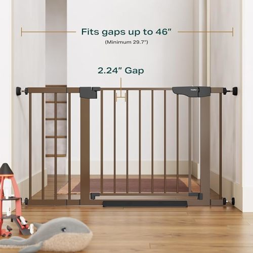Cumbor 29.7-46" Baby Gate for Stairs, Mom's Choice Awards Winner-Auto Close Dog Gate for the House, Easy Install Pressure Mounted Pet Gates for Doorways, Easy Walk Thru Wide Safety Gate for Dog, Brown